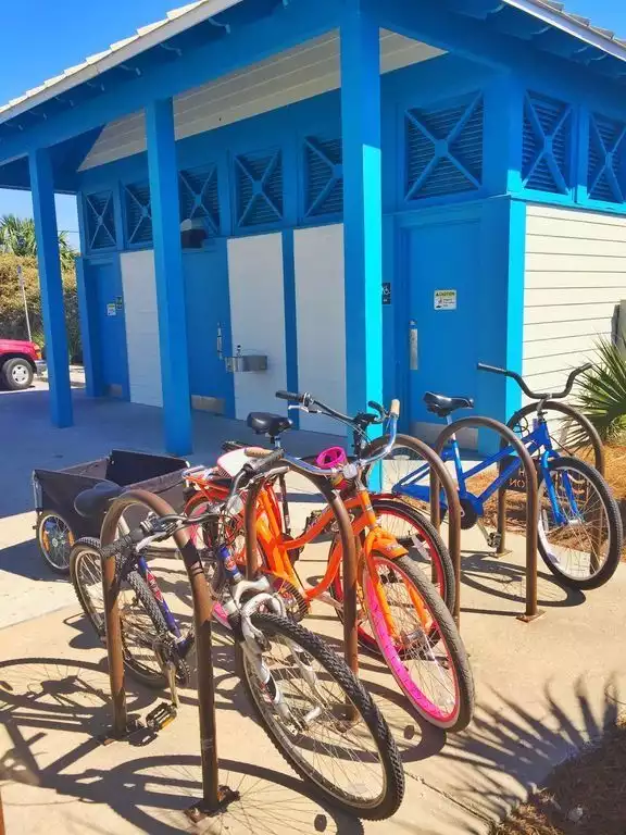 Bikes at the local blue beach pavilion